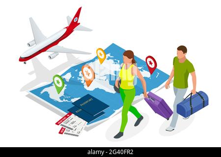 Isometric Business travel and tourism concept. Air tickets or boarding pass, passports on world map. Buying or booking online tickets. Stock Vector
