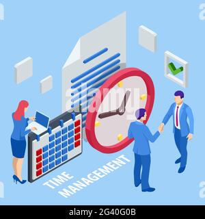 Isometric time management concept. Planning training activities schedule checkpoints. Event management, business management, e-commerce, time Stock Vector