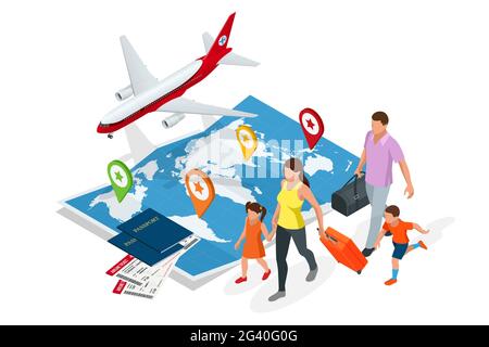 Isometric Business travel and tourism concept. Air tickets or boarding pass, passports on world map. Buying or booking online tickets. Family travel. Stock Vector