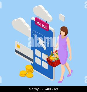 Isometric woman order online in internet supermarket. Grocery online shopping application on smartphone screen with food at home. Shopping bag with Stock Vector
