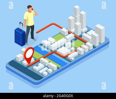City app, traveling backpacker. Isometric gps navigation concept. Tourist traveling using his smartphone with previously saved favorite places on map. Stock Vector