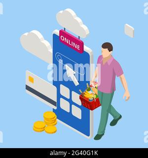 Isometric man order online in internet supermarket. Grocery online shopping application on smartphone screen with food at home. Shopping bag with Stock Vector