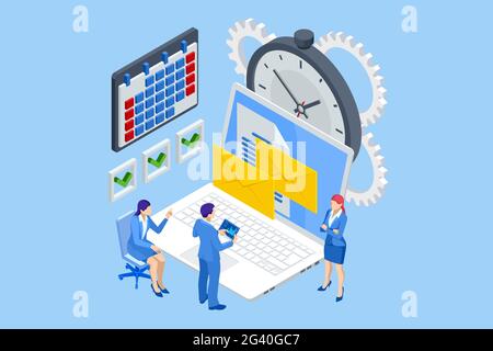 Isometric time management concept. Planning training activities schedule checkpoints. Event management, business management, e-commerce, time Stock Vector