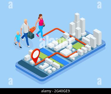 City app, traveling backpacker. Isometric gps navigation concept. Tourist traveling using his smartphone with previously saved favorite places on map. Stock Vector