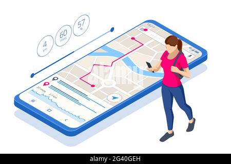 Isometric gps navigation concept. Tourist traveling using his smartphone with previously saved favorite places on map. City map route navigation Stock Vector