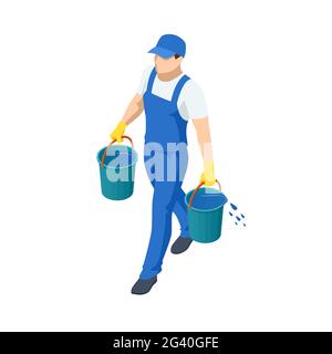 Agricultural work. Isometric farmer carries two buckets of water to water the plants. Farming activity of farmer. Work in the garden. Stock Vector