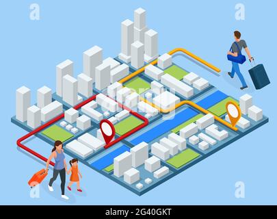 City app, traveling backpacker. Isometric gps navigation concept. Tourist traveling using his smartphone with previously saved favorite places on map. Stock Vector