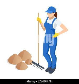 Agricultural work. Woman working in garden with rake leveling ground. Soil preparation for seeding and planting, garden tools, gardening, rake, soil Stock Vector