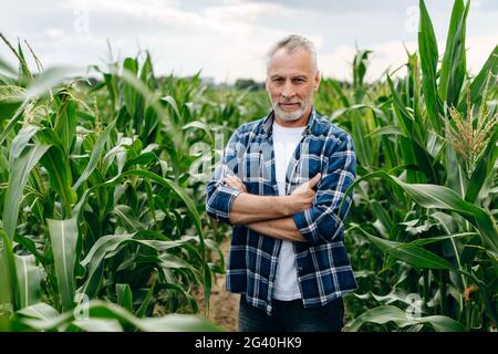 Smiling happy young agronomist or farmer wearing red checkered shirt taking and analyzing soil samples on a corn farm. Organic farming and healthy foo Stock Photo