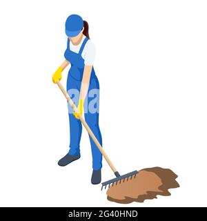 Agricultural work. Woman working in garden with rake leveling ground. Soil preparation for seeding and planting, garden tools, gardening, rake, soil Stock Vector