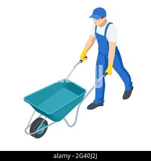 Agricultural work. Farming activity of farmer. Isometric farmer with a wheelbarrow. Organic farm products. Male working on harvesting season. Stock Vector