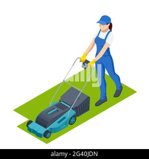 Agricultural work. Woman lawn mower grass cutting farmer harvest in garden . Lawn mover on green grass. Machine for cutting lawns. Stock Vector