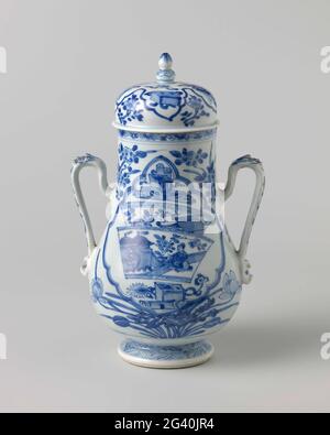 Pear-Shaped Covered Jar With Precious Objects And Flower Sprays. Porcelain pear shaped lid, painted in underglaze blue. On the lid valuables (books, rhombus) and lucky symbols and flower branches, separated by a wavy line. Blue White. Stock Photo