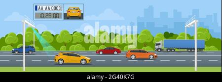 SPECS, average speed measuring speed camera system. Average speed cameras on freeway. SPECS cameras operate as sets of two or more cameras installed Stock Vector