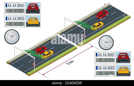 SPECS, average speed measuring speed camera system. Average speed cameras on freeway. SPECS cameras operate as sets of two or more cameras installed Stock Vector