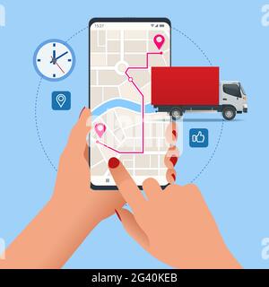 Delivery truck with cardboard box, mobile phone. Delivery service via modern technology. Tracking system. Mobile App. Stock Vector