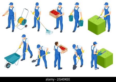 Agricultural work. Isometric isolated icons of man working on farm, in garden. Man hands cuts branches, digging soil with a shovel, farmer watering a Stock Vector
