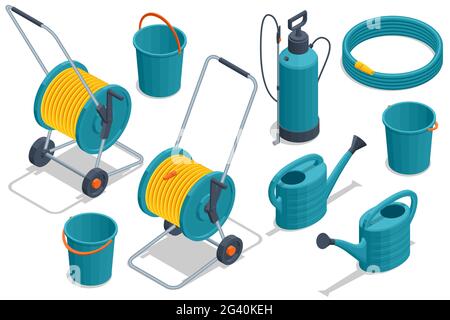 Isometric set of garden tools. Hose, sprayer, bucket, watering, isolated on white background. Stock Vector