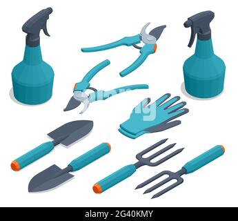 Isometric set of garden tools. Rake, pruner, sprayer, shovel, mittens, pitchfork, cutter, isolated on white background. Stock Vector