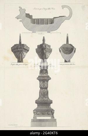 Marble trireem on a pedestal; Vases, candlesticks, tombstones, sarcophagus, tripods, lamps and ornaments designed and engraved by Giovanni Battista Piranesi; Vasi, Candeabri, Cippi, Sarcophagi, Tripodi, Lucerne, etc. Ornamenti Antichi DISEGN. Ed Incisi Dal Cav. Gio. Batta Piranesi. A marble trireem (warship from antiquity) on an ornamental pedestal. Around different views and cross-sections of the Trirem. Capures at the different performances. Stock Photo