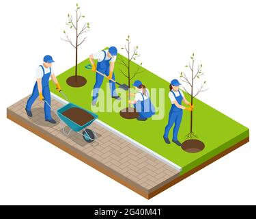 Isometric Community Work Day. Environment Protection Concept. Group Volunteer People Planting Trees in City Park. People plant fruit trees Stock Vector
