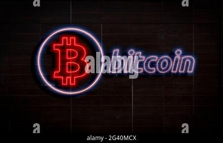 bitcoin text and logo neon sign on the wall, abstract crypto currency money concept Stock Photo