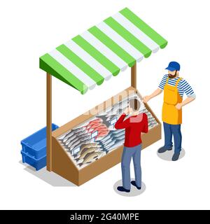 Isometric Fresh Fish and Seafood Sale Market. Fresh Fish in the FreshMarket or Supermarket cooled Fish Fresh. Sea Bass and Bream FreshFish Stock Vector