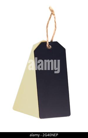 blank cardboard labels or tags with thin rope attached on white background Stock Photo