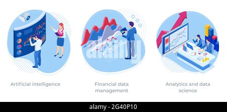 Isometric web business concept of financial administration, accounting, analysis, audit, financial report. Auditing tax process. Documents, graphics Stock Vector