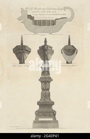 Marble trireem on a pedestal; Vases, candlesticks, tombstones, sarcophagus, tripods, lamps and ornaments designed and engraved by Giovanni Battista Piranesi; Vasi, Candeabri, Cippi, Sarcophagi, Tripodi, Lucerne, etc. Ornamenti Antichi DISEGN. Ed Incisi Dal Cav. Gio. Batta Piranesi. A marble trireem (warship from antiquity) on an ornamental pedestal. Around different views and cross-sections of the Trirem. Capures at the different performances. Assignment above show. Stock Photo