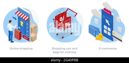 Isometric Online shopping app, suitable for promotion of digital stores, Shopping cart and bags for clothing Stock Vector