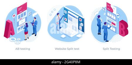 Isometric AB testing, comparison concept. Split Testing web page comparing. Website Split test Stock Vector