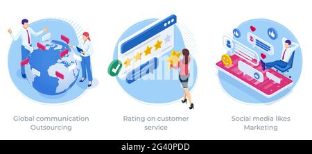 Isometric Global communication Outsourcing, Rating on customer service, Social media likes Marketing Stock Vector