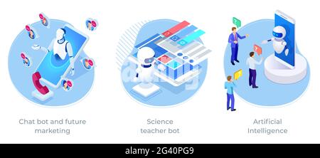 Isometric Artificial Intelligence, Science teacher bot, Chatbot and future marketing. AI and business IOT concept. Stock Vector