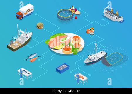 Isometric Fish industry seafood concept. Commercial fishing. Sea fishing, ship marine industry, fish boat. Stock Vector