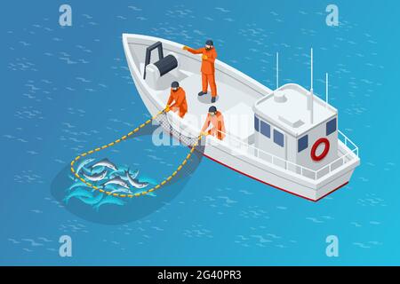 Isometric fishing schooner, fishing boat or ship. Fishermen pulling up a net filled with fish. Sea fishing, ship marine industry, fish boat Stock Vector