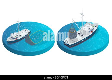Isometric shipping seafood industry boat isolated on white background. Commercial ocean transportation Sea fishing, ship marine industry, fish boat Stock Vector