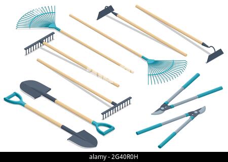 Isometric set of garden tools. Rake, pruner, shovel, boot, pitchfork, cutter, isolated on white background. Stock Vector
