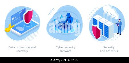 Isometric Online information protect, internet digital technology. Digital crime by an anonymous hacker. Security and antivirus Stock Vector