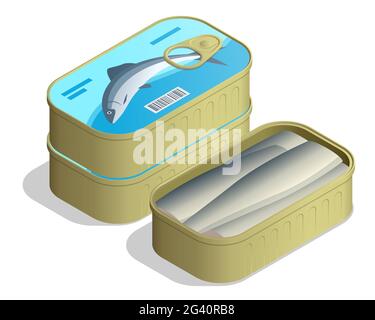 Isometric Can of sardines. Canned sardine cans stacked in a pile, with an open isolated on white background Stock Vector