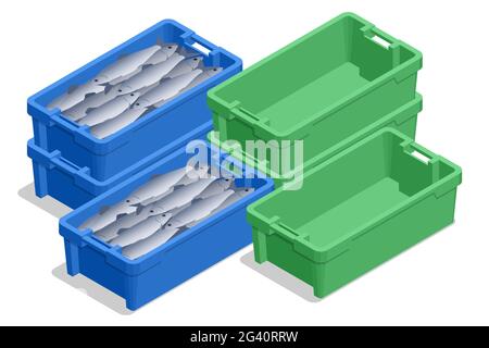 Isometric Fresh fish in plastic crate isolated on white background. Natural, healthy food. Fresh sea fish. Stock Vector