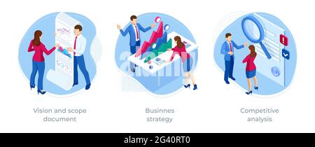 Isometric Competitive analysis, Businnes strategy, Vision and scope document. Expert team for Data Analysis, Business Statistic, Management Stock Vector