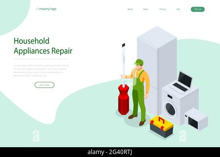 Isometric household appliances repair concept. Repair support service Stock Vector