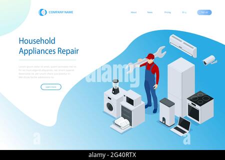 Isometric household appliances repair concept. Repair support service Stock Vector