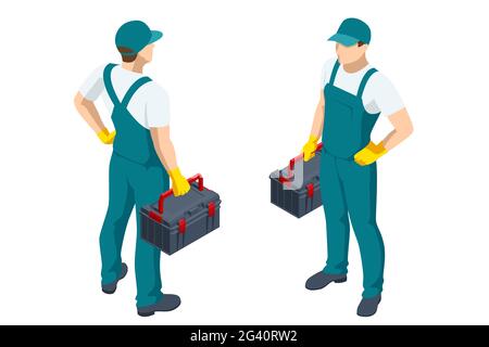 Isometric repairman or mechanic with a toolbox. Man working, holds toolbox with instrument Stock Vector