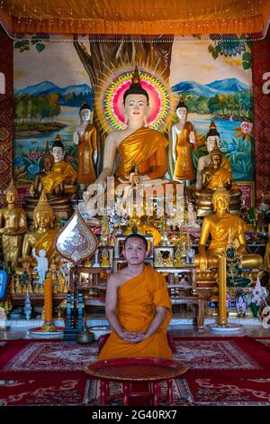 Young monk poses in front of Buddha statue at Vat Chom Khao Manilat Temple, Houayxay (Huay Xai), Bokeo Province, Laos, Asia Stock Photo