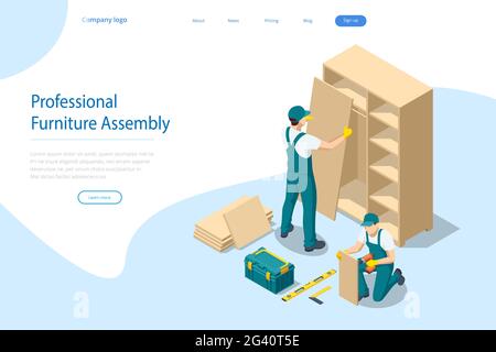 Isometric workers of manufacture with professional tools during furniture assembly. Furniture assembly concept. Stock Vector