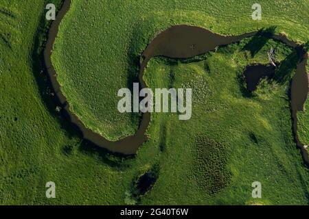 aerial landscape of winding river in green field, top view of beautiful nature texture from drone. High quality photo