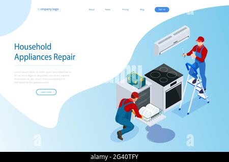Isometric household appliances repair concept. Repair support service Stock Vector