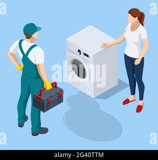 Isometric repairman or mechanic with a toolbox. Man working, holds toolbox with instrument Stock Vector